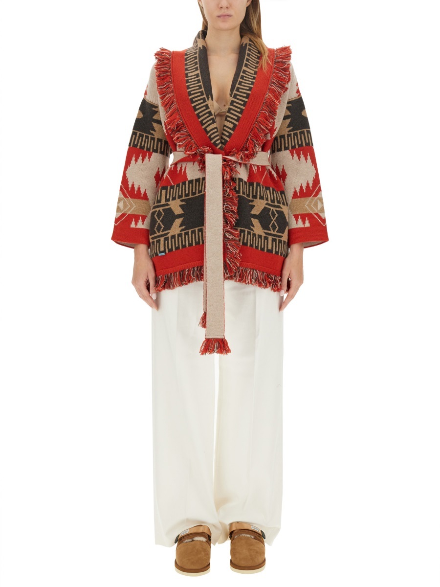 Alanui Icon Jacquard Belted Fringed Cardigan In Red