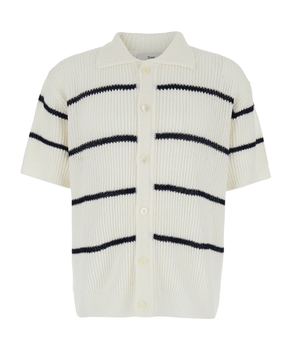 Dunst White Knitted Polo Shirt With All-over Striped Motif