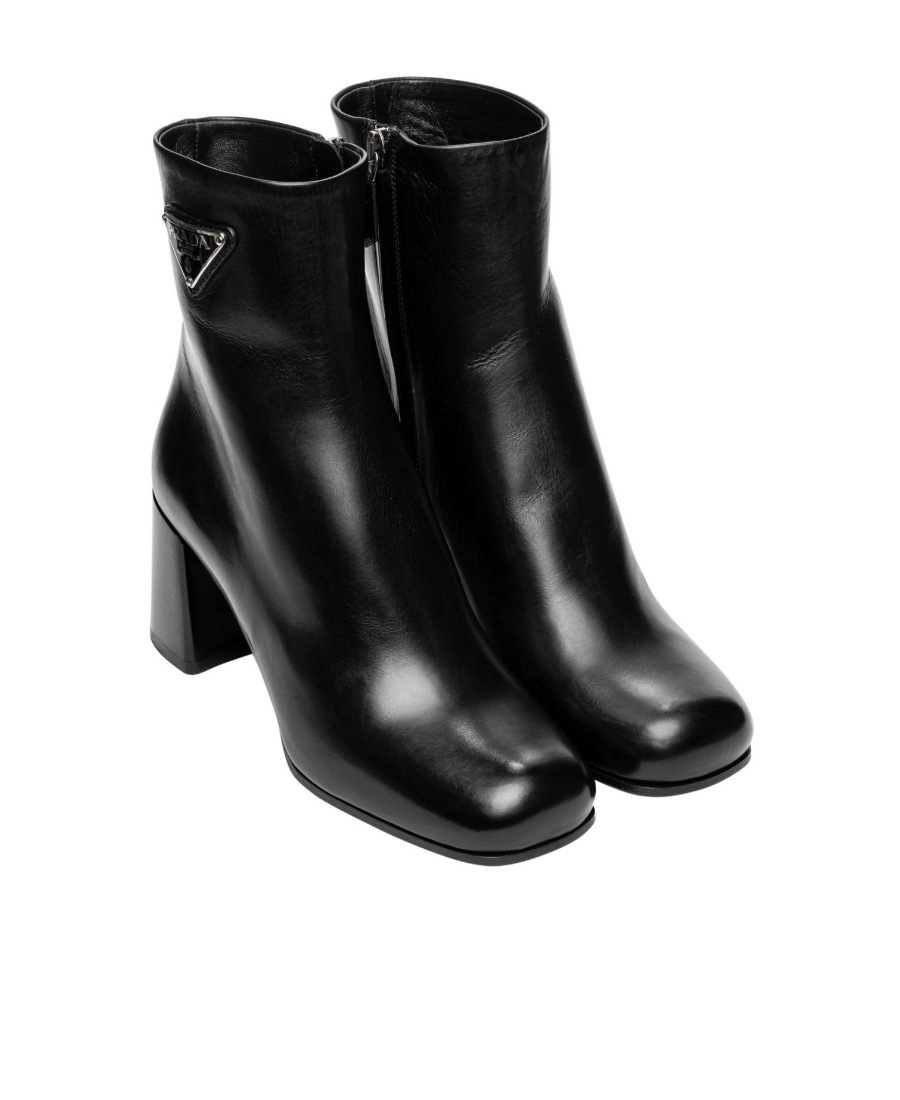 Prada Black Leather Ankle Boots With Logo Triangle Women In Black