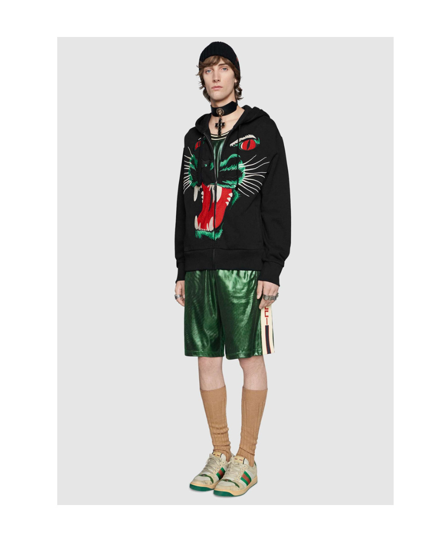 Gucci Leopard Head Embroidered Hooded Casual Jacket In Black