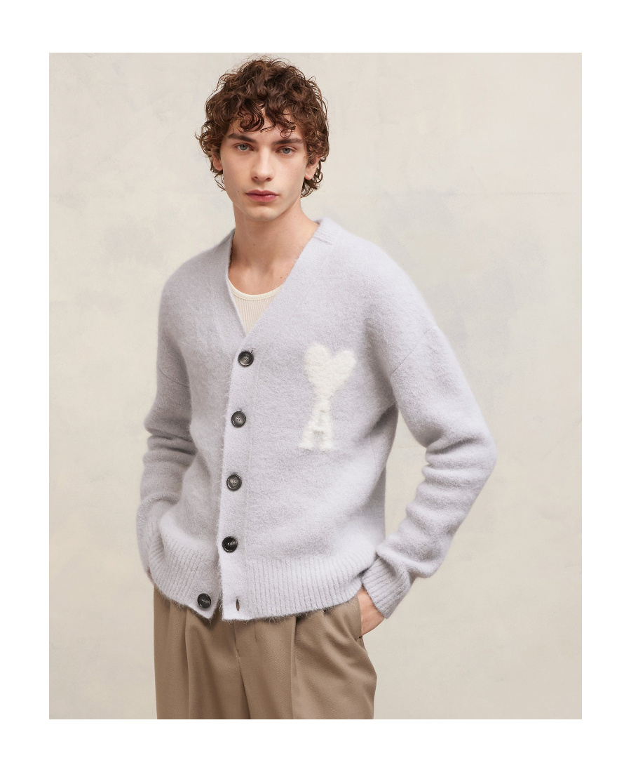 Shop Ami Alexandre Mattiussi Ami Paris Ami De Coeur Knitted Buttoned Cardigan In Gray