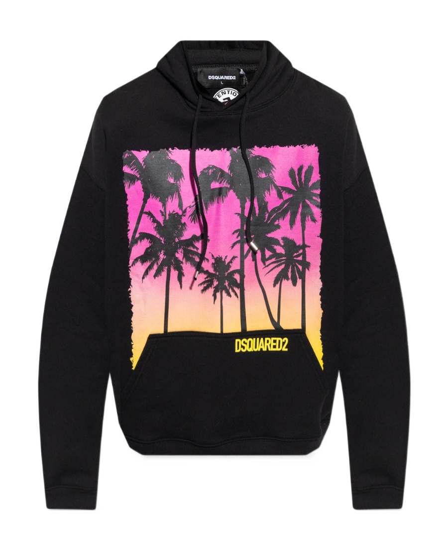 Dsquared2 Palm-tree Print Cotton Hoodie In Black