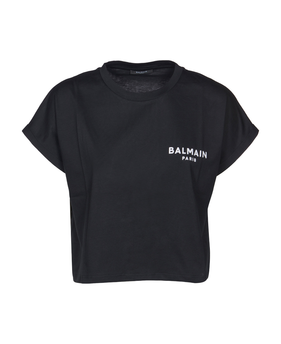 Balmain Cropped Cotton T-shirt With Small Flocked Logo In Black