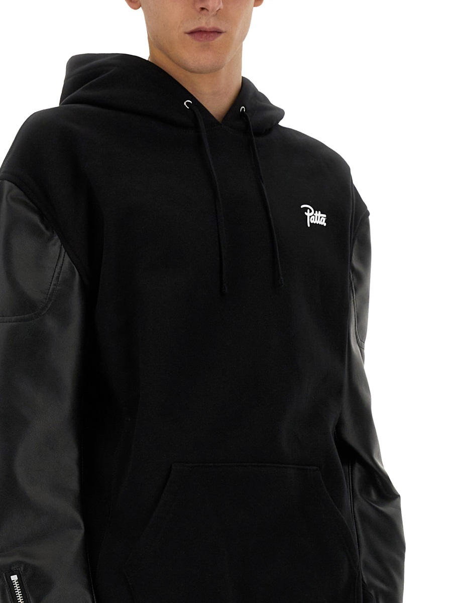 Junya Watanabe Cotton Sweatshirt With Leather Sleeve Panels In Black