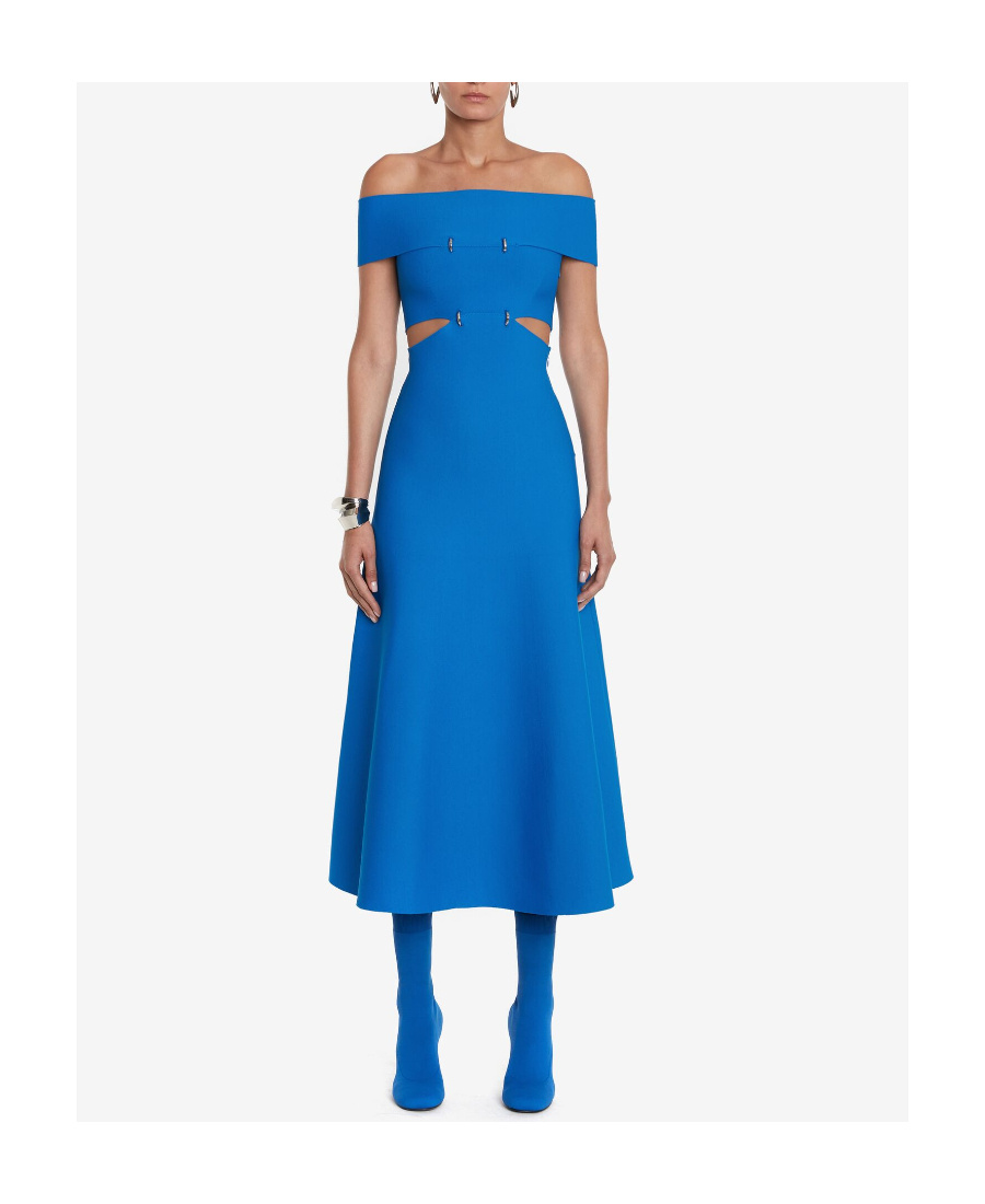 Alexander Mcqueen Off-shoulder Flared Midi Dress In Blue