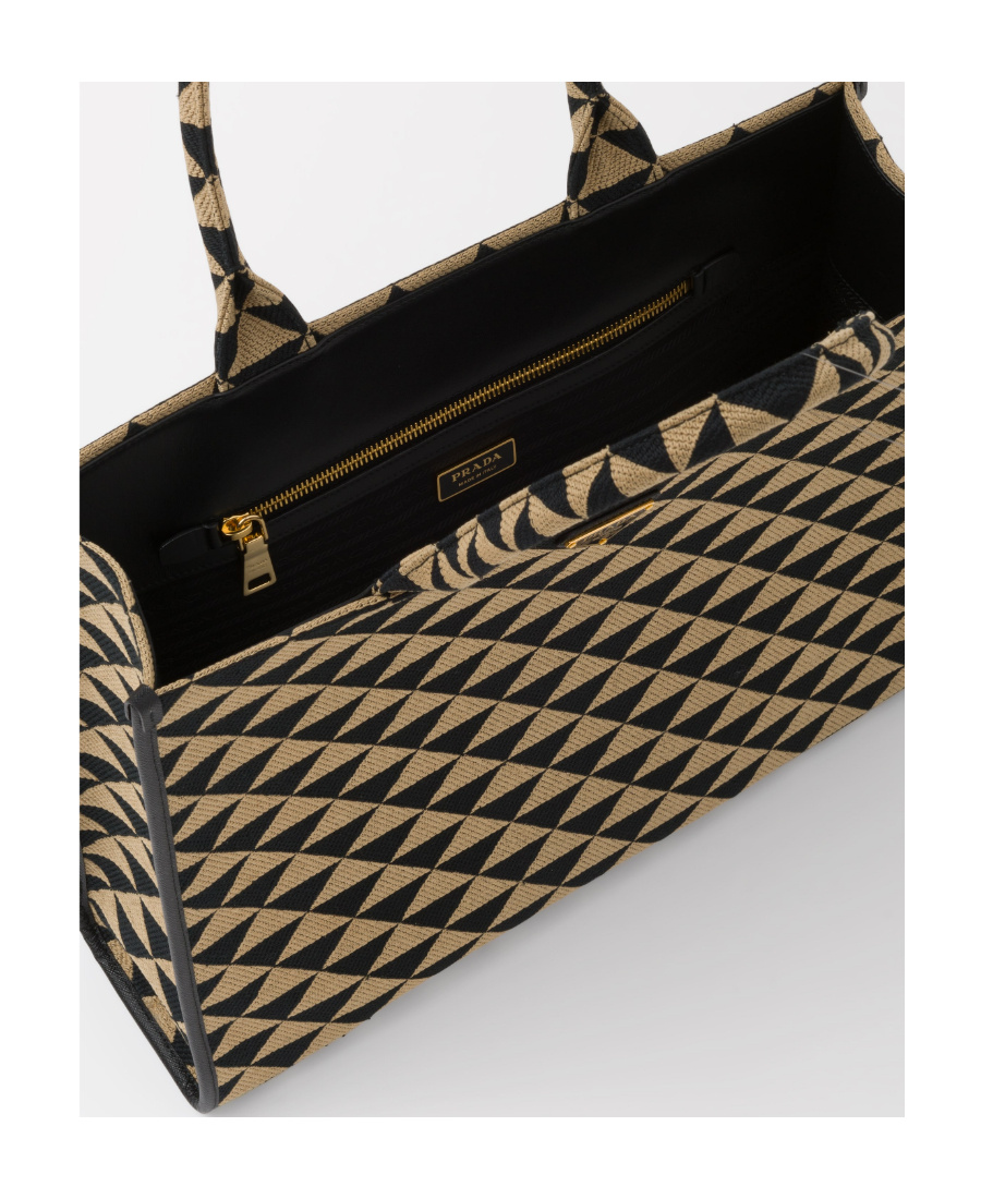 Shop Prada Large Symbole Jacquard Fabric Handbag In Black/beige