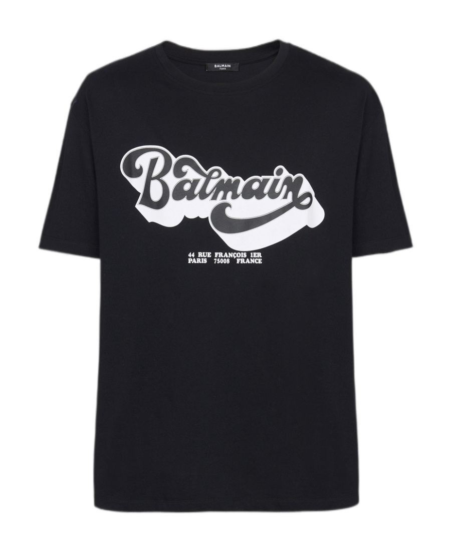 Balmain Black Crewneck T-shirt With 70s Logo Print In Organic Cotton Man In Black
