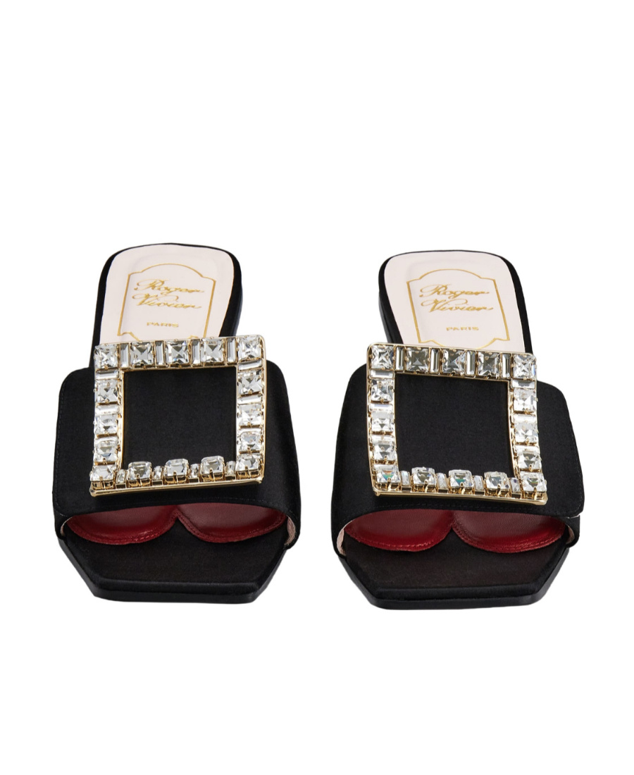 ROGER VIVIER BIKI LOVE STRASS BUCKLE MULES IN SATIN