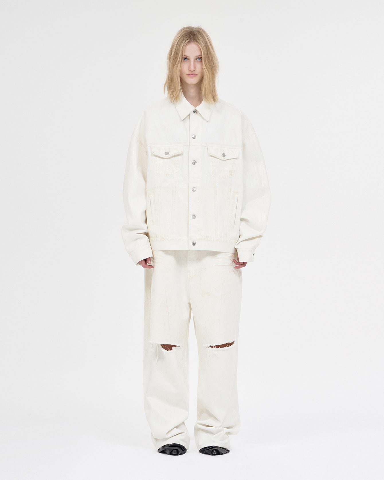 We11 Done Single-breasted Denim Jacket In White