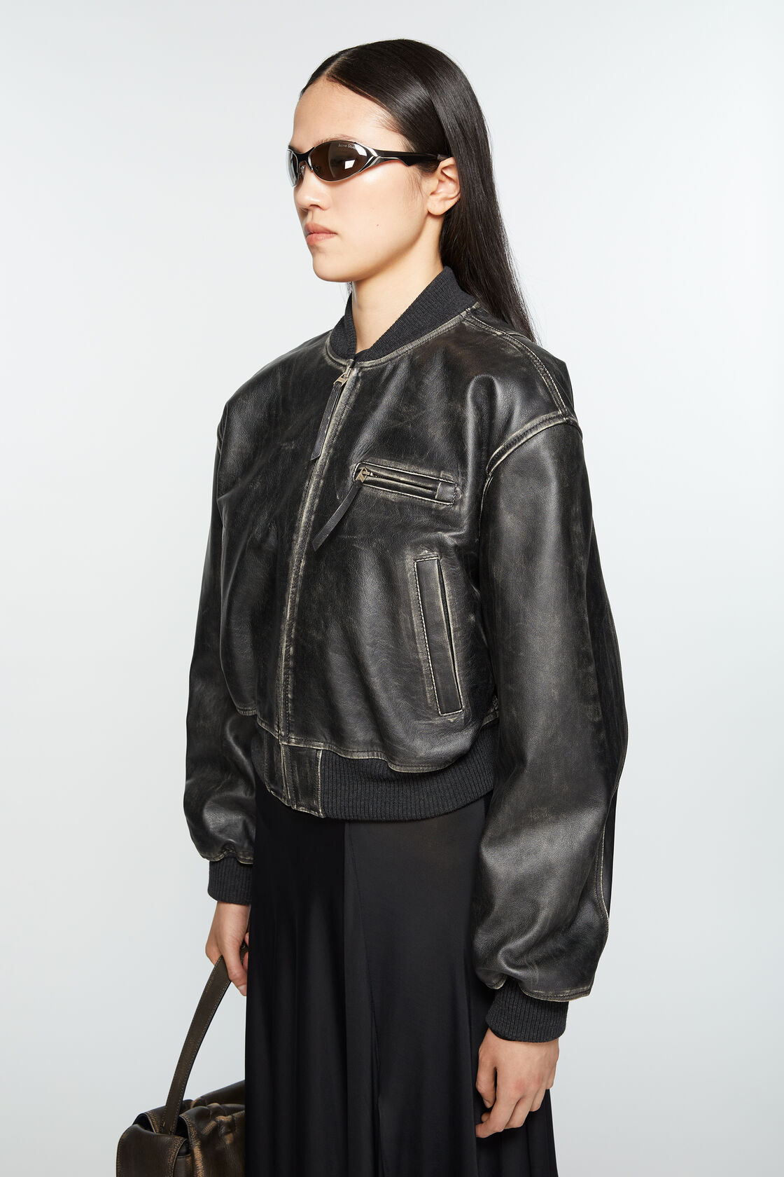 Acne Studios Aged Leather Bomber Jacket With Distressed Treatment In Black