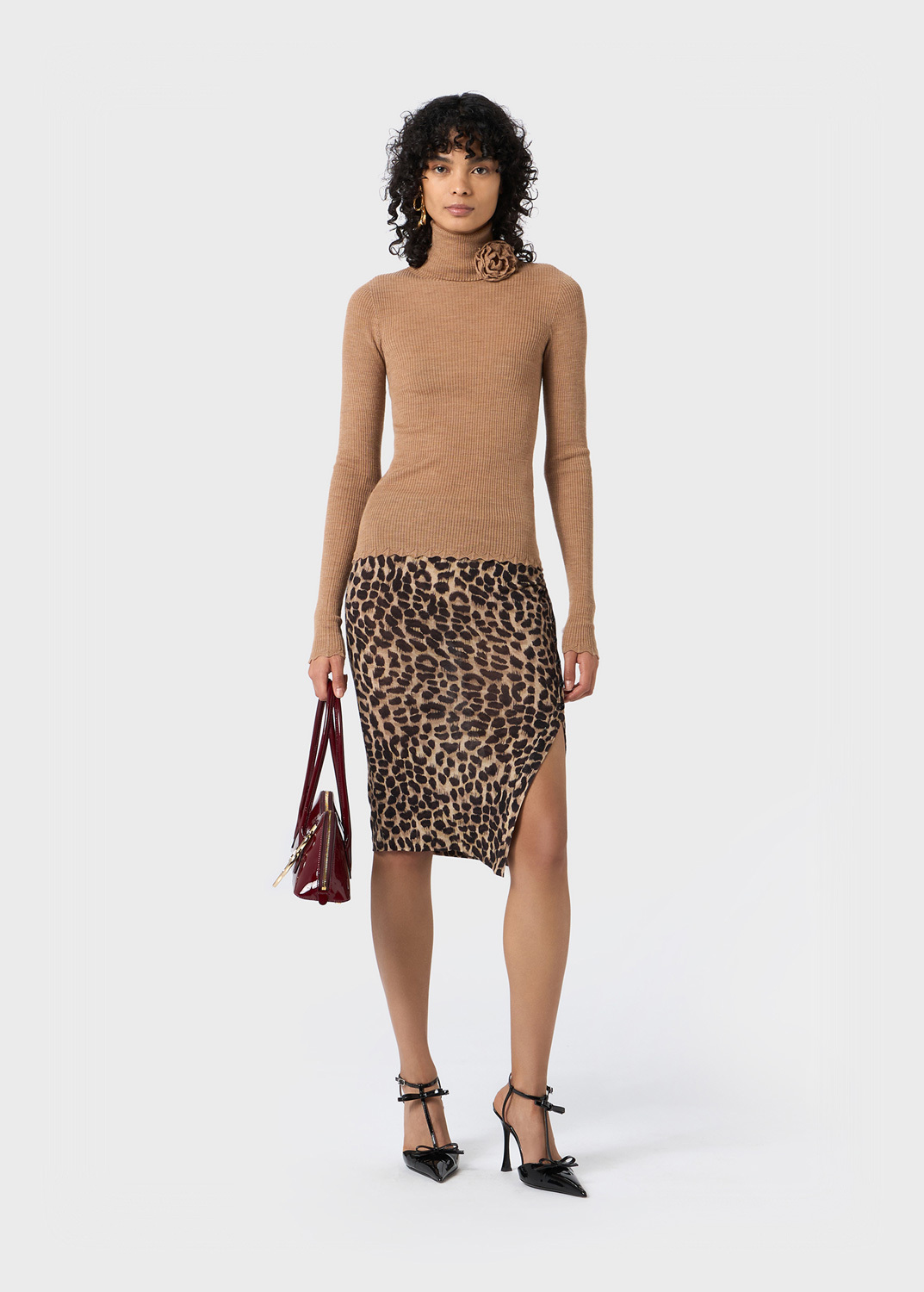 Blumarine Printed Wool Jersey Midi Skirt In Black