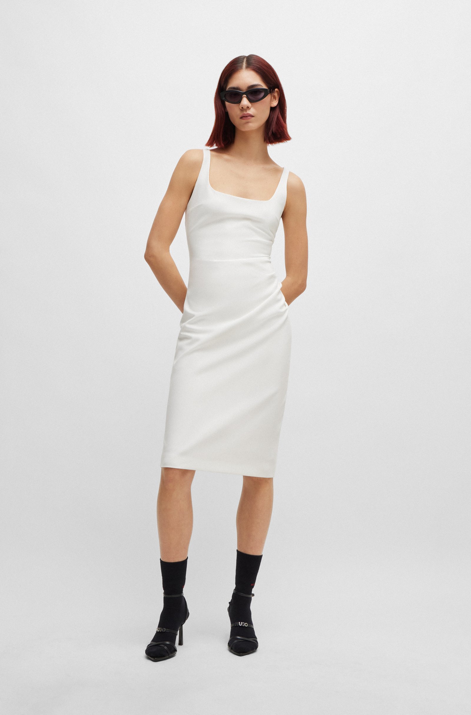 Hugo Boss Square-necked Dress With Pleated Details In White