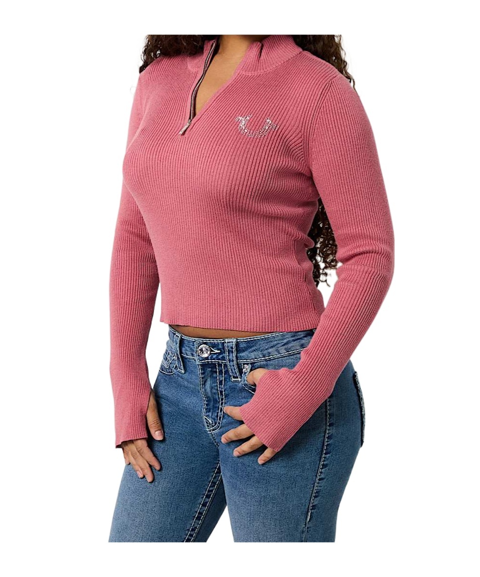 TRUE RELIGION RIB KNIT QUARTER-ZIP MOCK NECK SWEATER
