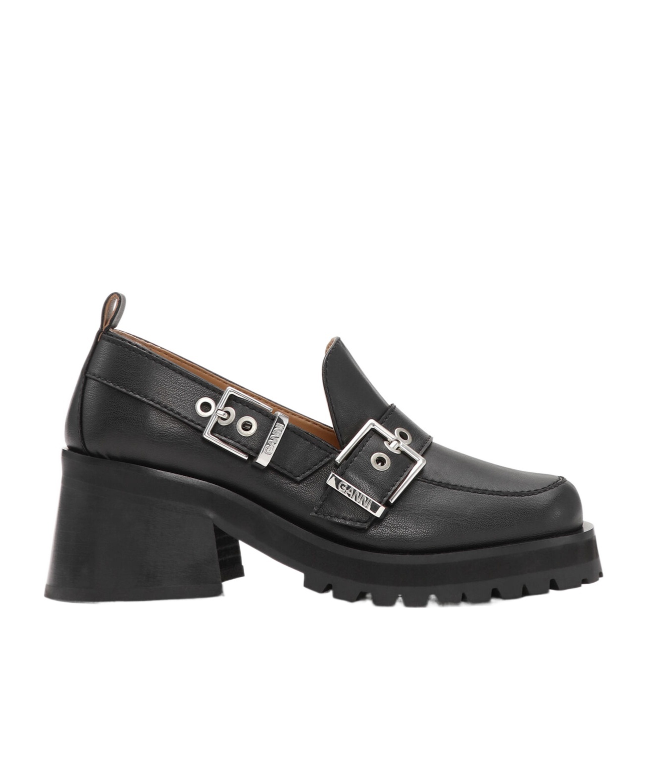 Ganni Loafers Featuring Chunky Heel And Buckle In Black