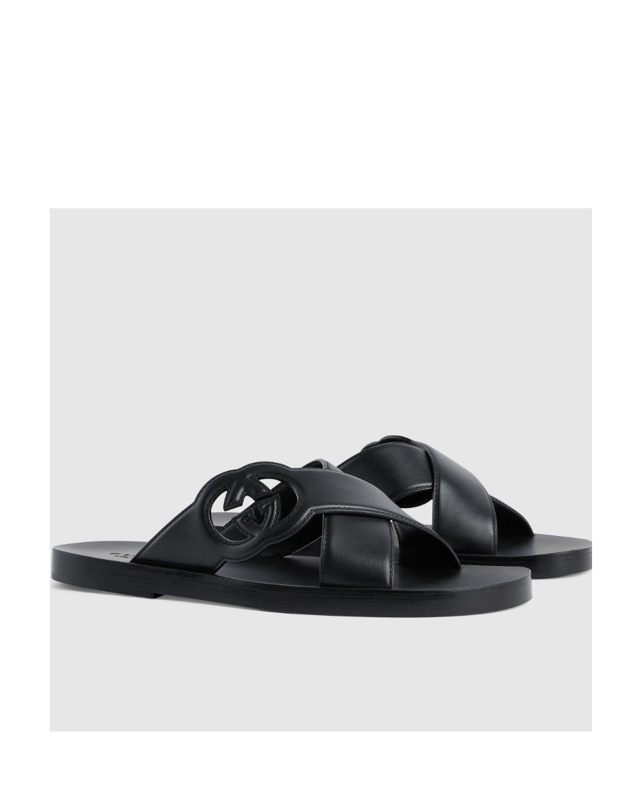 Gucci Gg-motif Leather Slippers In Black