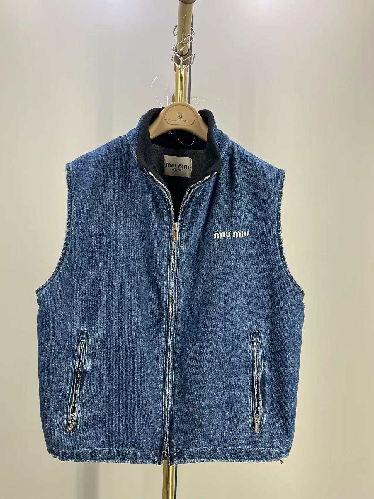 Miu Miu Logo-embroidered Denim Gilet In Blue