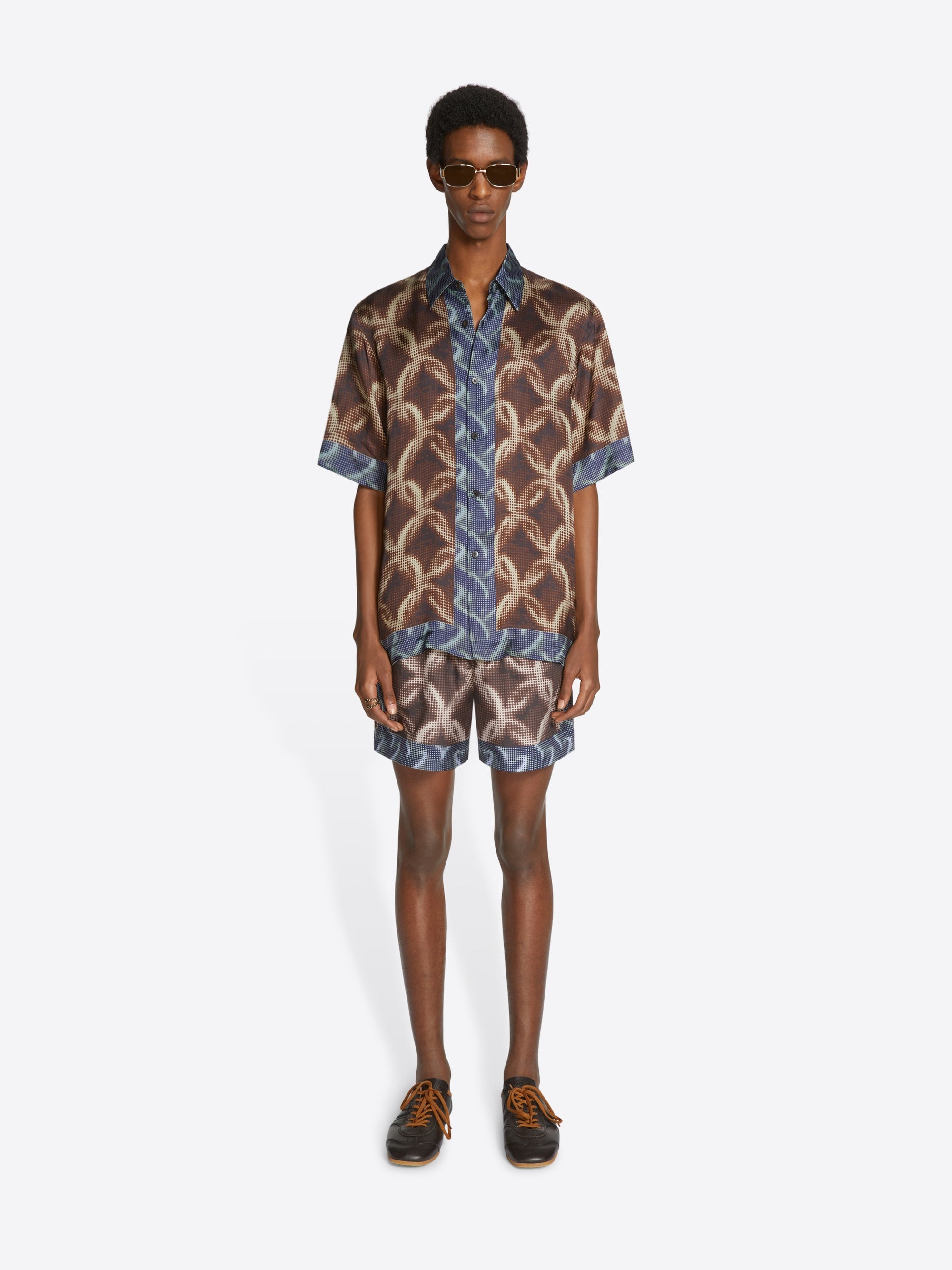 Dries Van Noten Panelled Geometric Pattern Short Sleeve Shirt In Brown