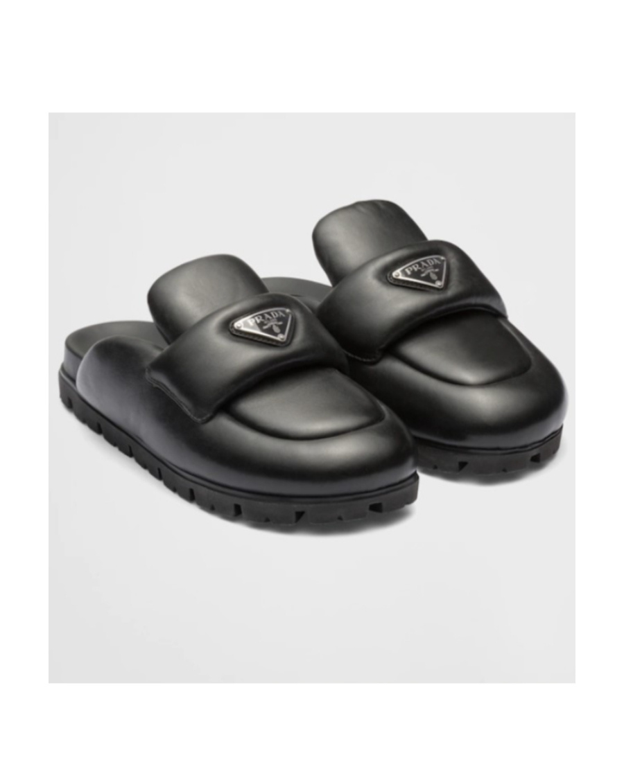 Prada Padded Leather Sabots In Black