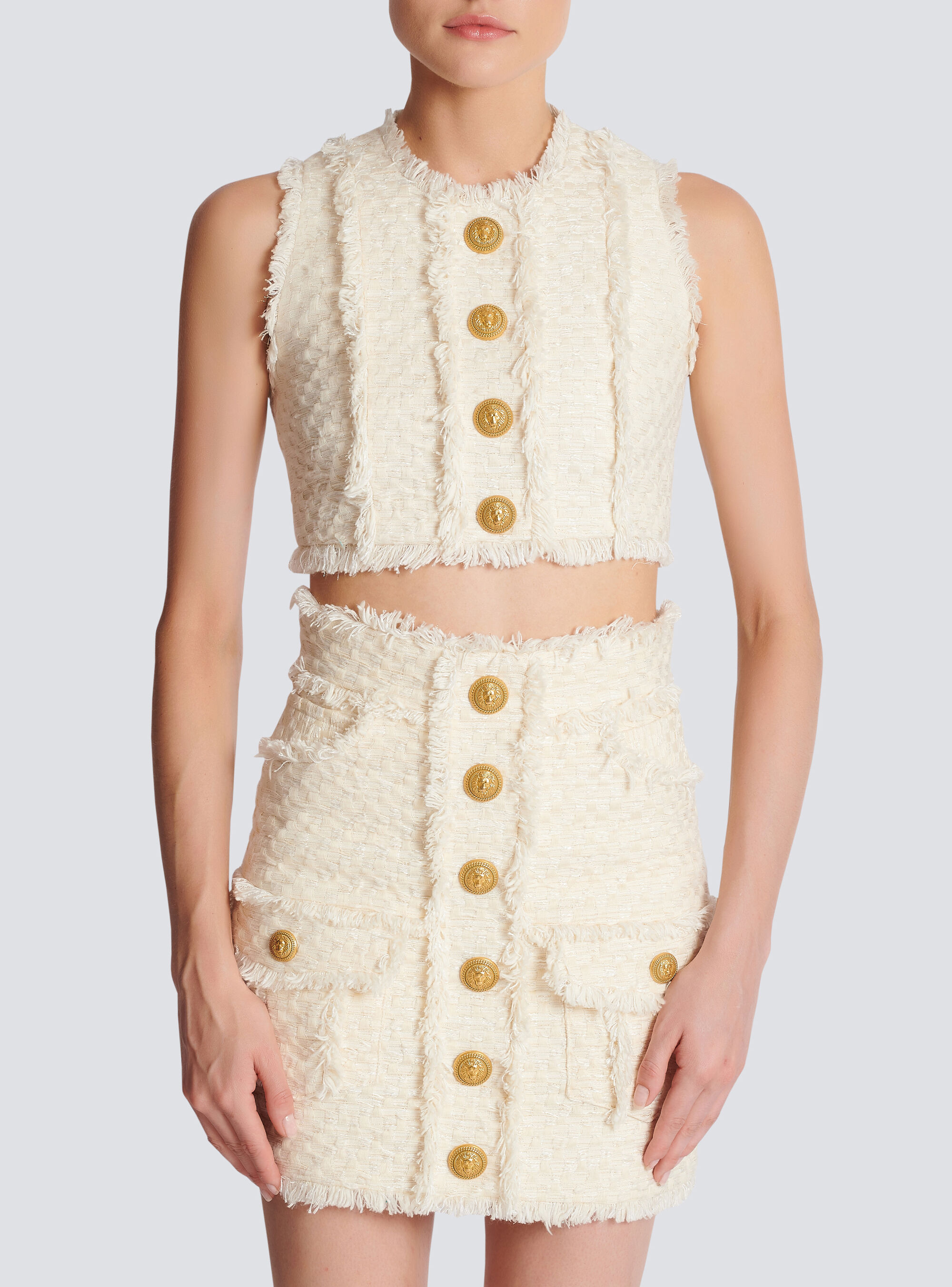 Balmain Tweed Crop Top With Buttons In White
