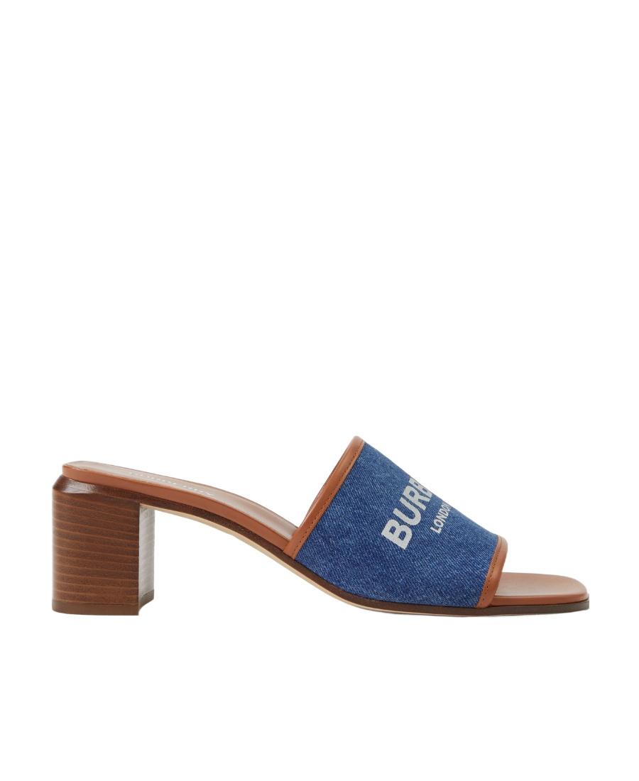 Burberry Label Print Denim And Leather 55mm Mules In Blue