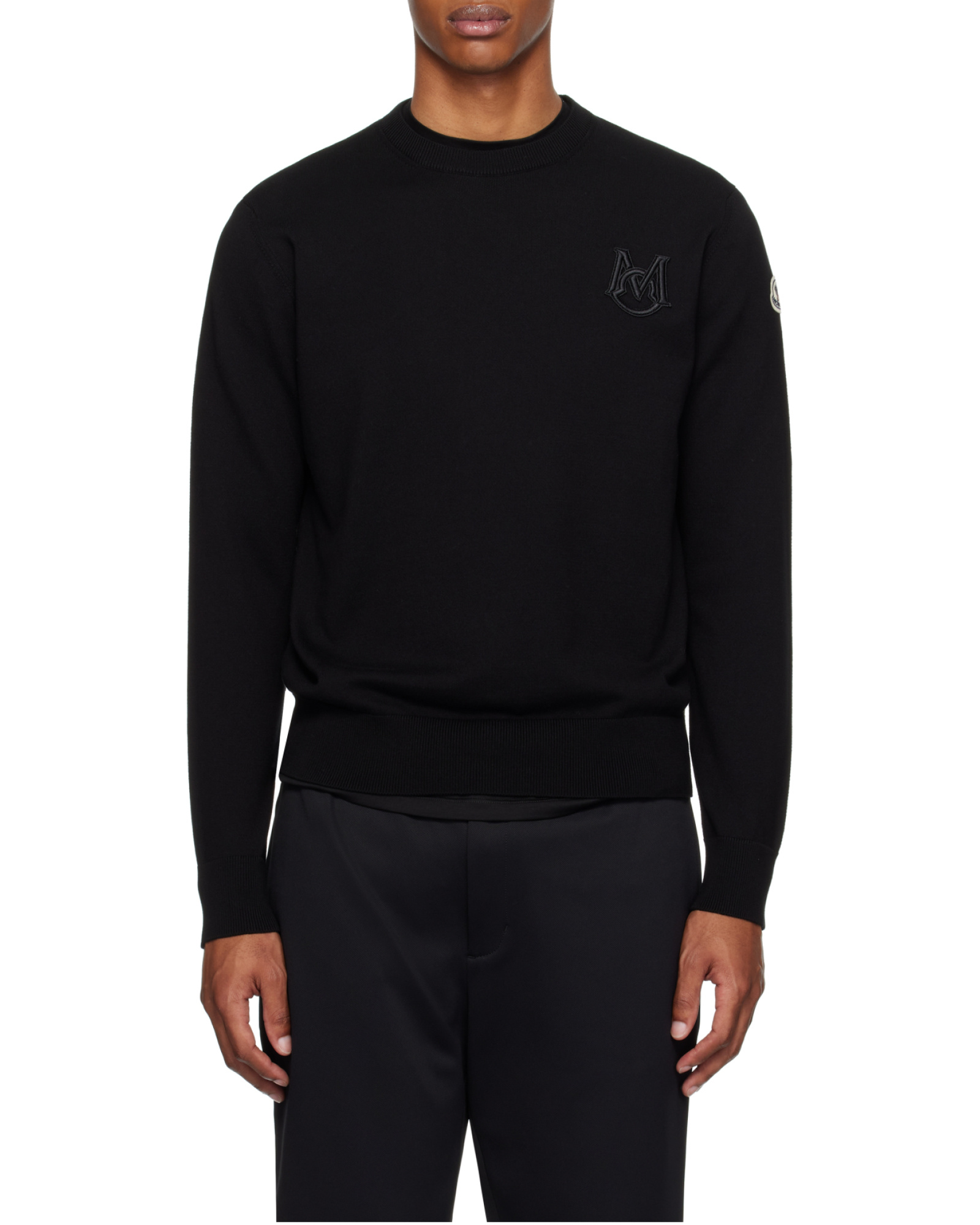 Moncler Embroidered Monogram Cotton Crewneck Sweater In Black