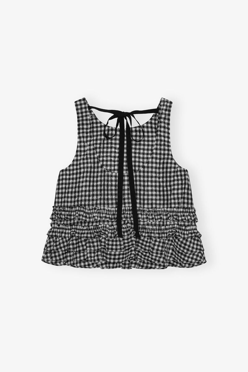 Ganni Crinkled Check Frill Top In Black