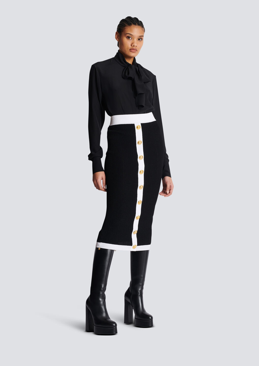 Balmain Button-embellished Ribbed-knit Midi Skirt In Black