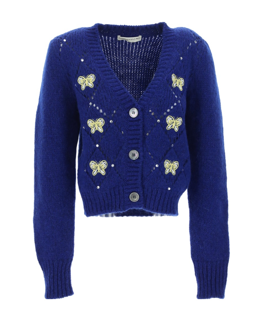 Alessandra Rich Alpaca Blend Cardigan With Butterfly Embroideries In Blue