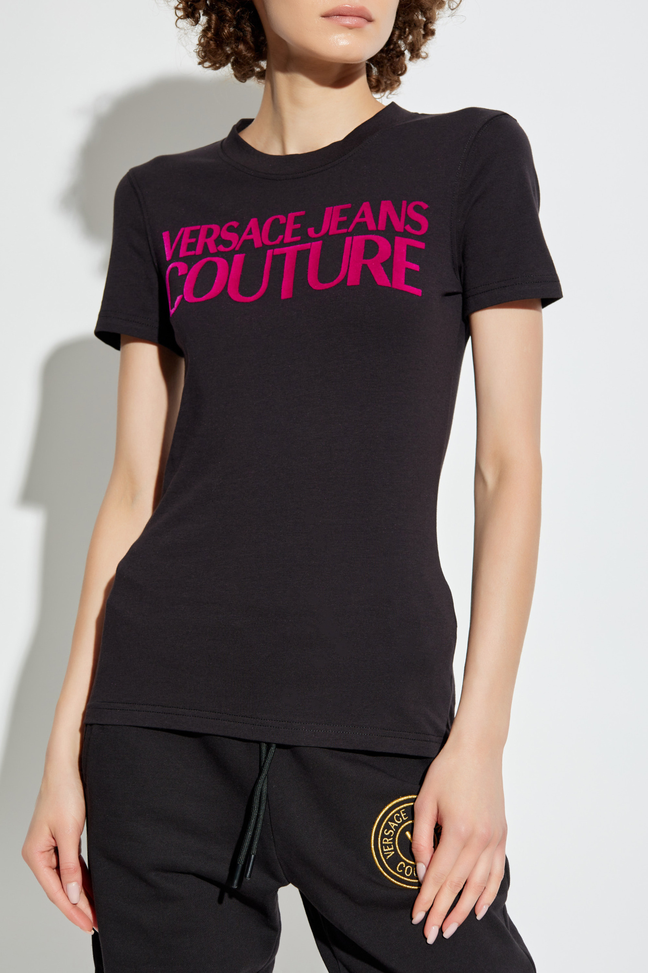 Versace Jeans Logo-flocked Cotton T-shirt In Black