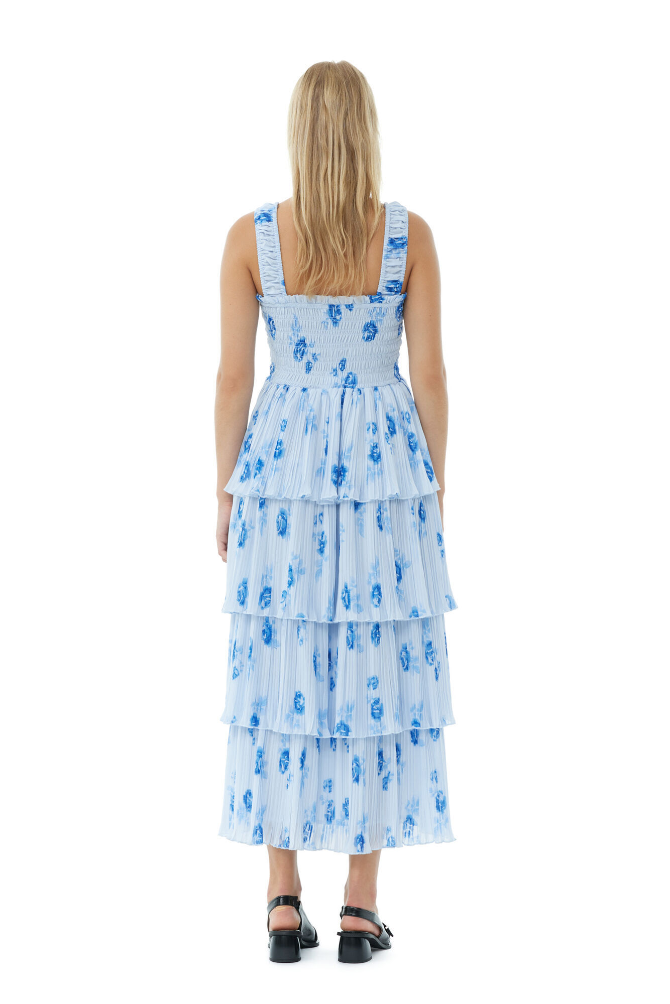 Ganni Ruffled Shirred Pleated Georgette Midi Dress In Blue