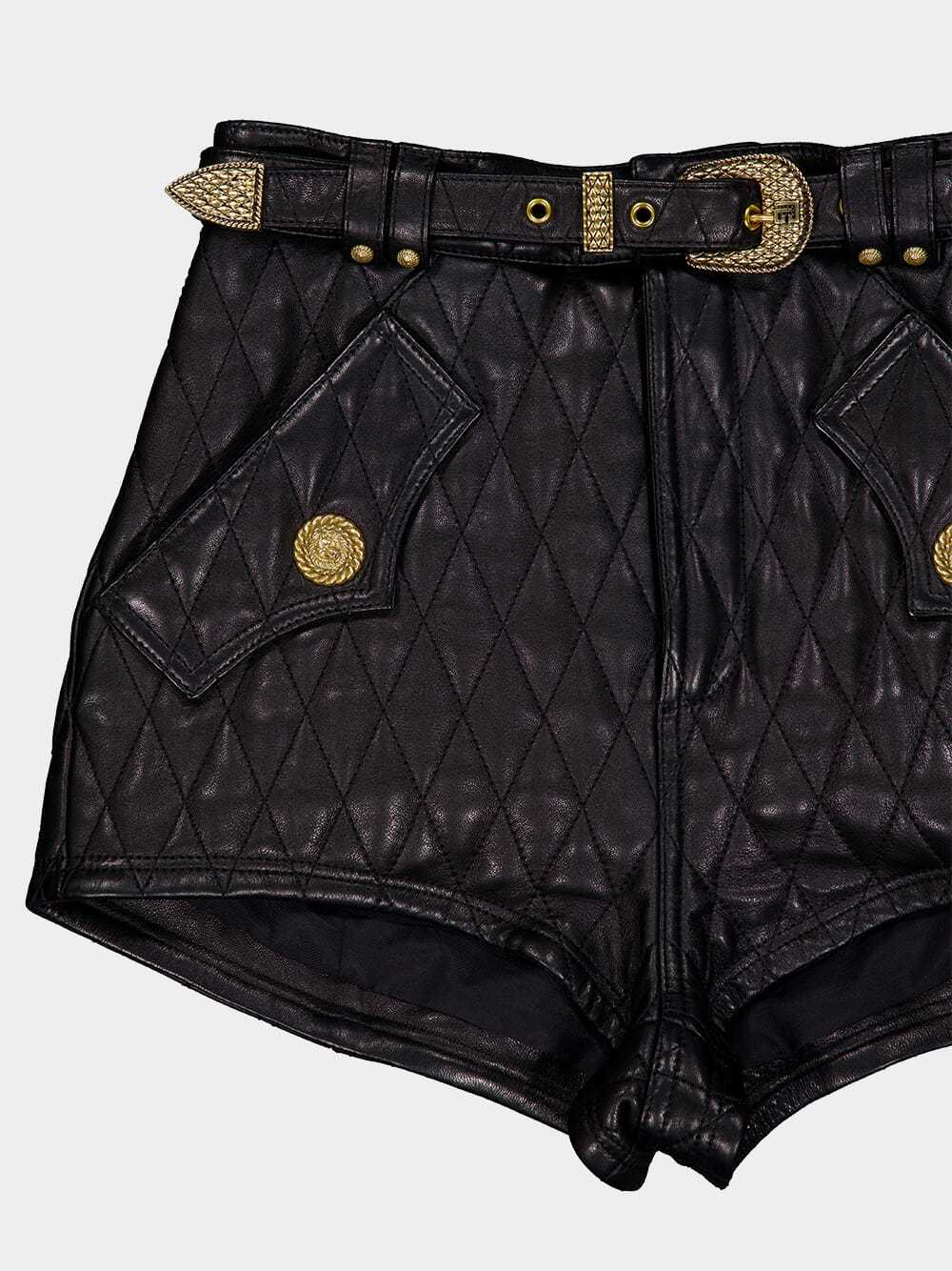Balmain Black Quilted Leather Shorts In Black