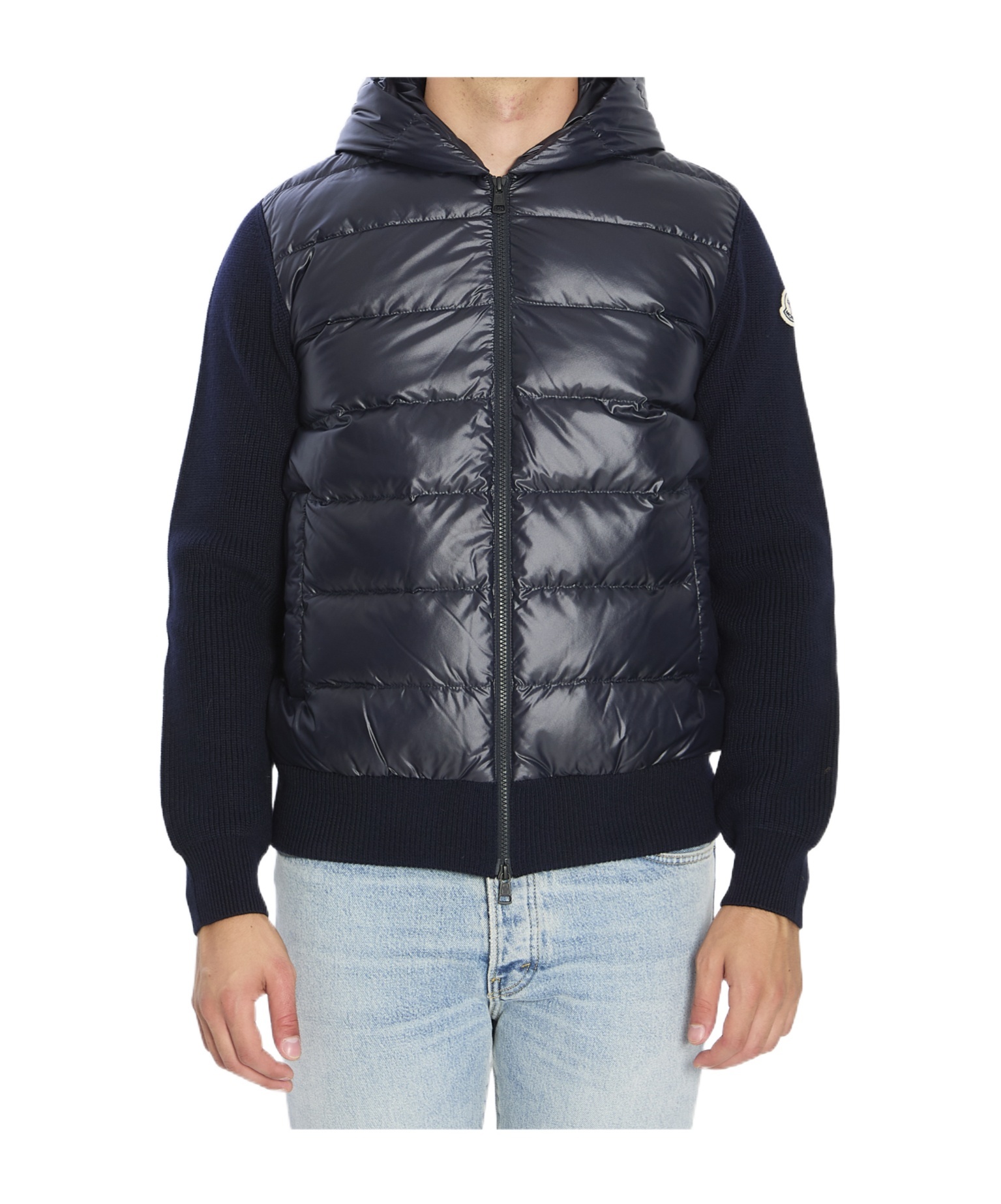 Moncler Hooded Quilted Front Cardigan Knitwear In Blue