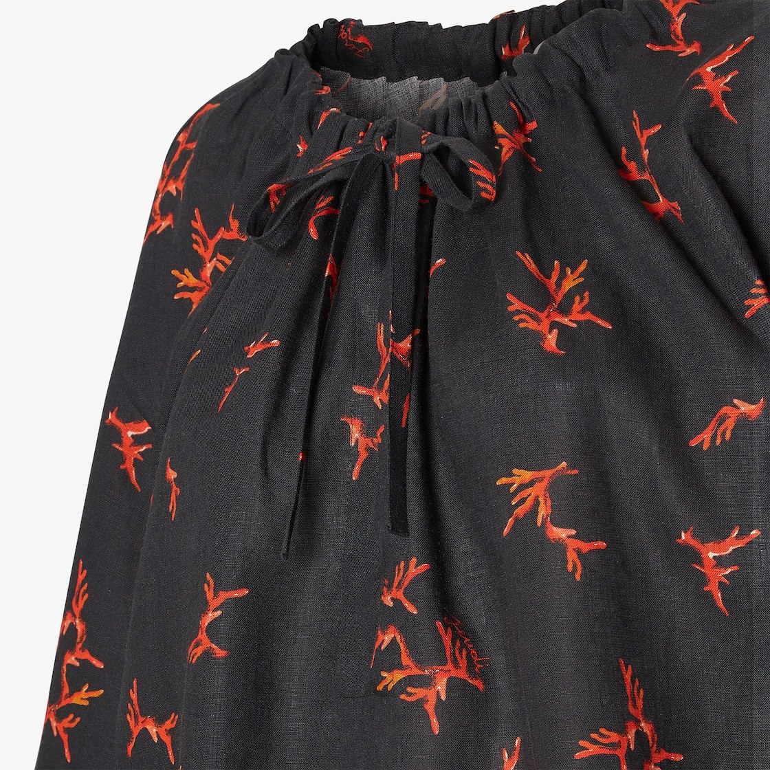 Fendi Floral Print Linen Top With Wide Sleeves In Black