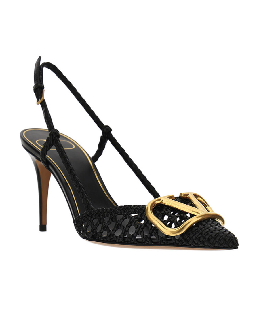 Valentino Garavani Woven Buffed Nappa Leather Pump With Ankle Strap And Logo Hardware In Black