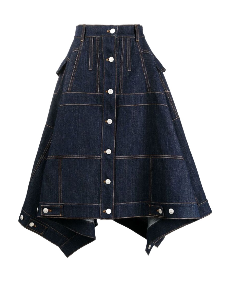 Alexander Mcqueen Full Denim Midi Skirt In Blue