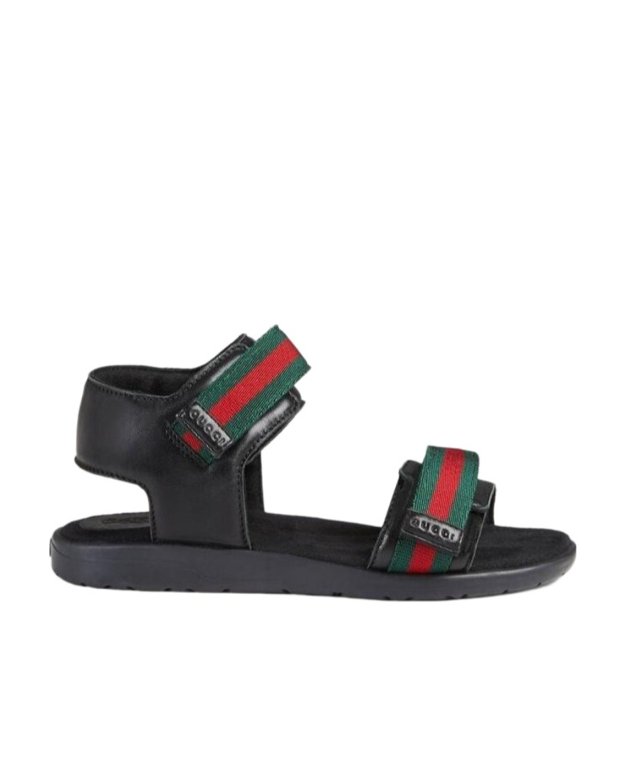 Gucci Unisex Leather Sandals With Web Eu 31 Uk 12.5 Black In Black
