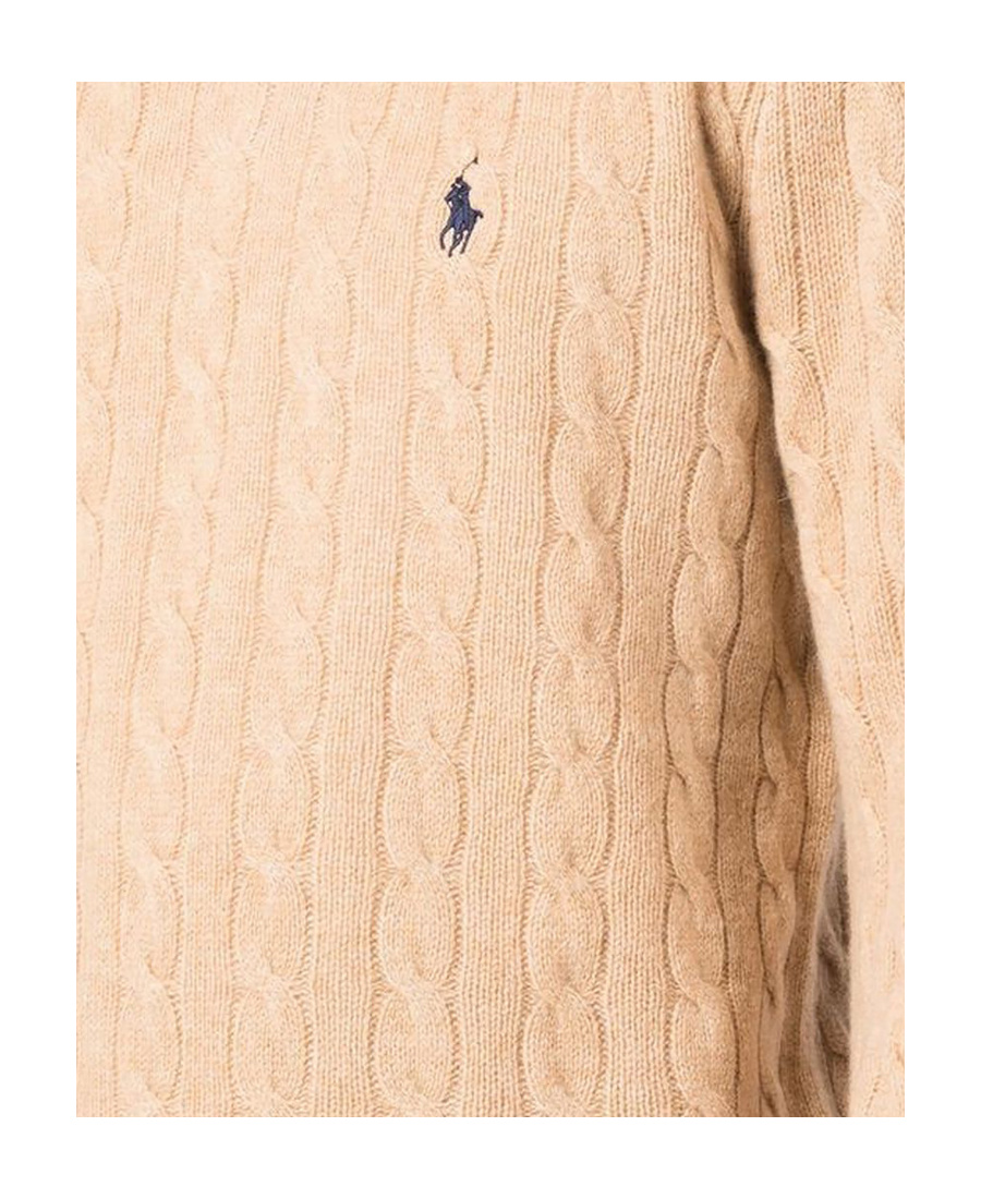 Polo Ralph Lauren Beige Cable Knit Crewneck Sweater With Pony Embroidery On The Front In Wool And Cashmere Man In Brown