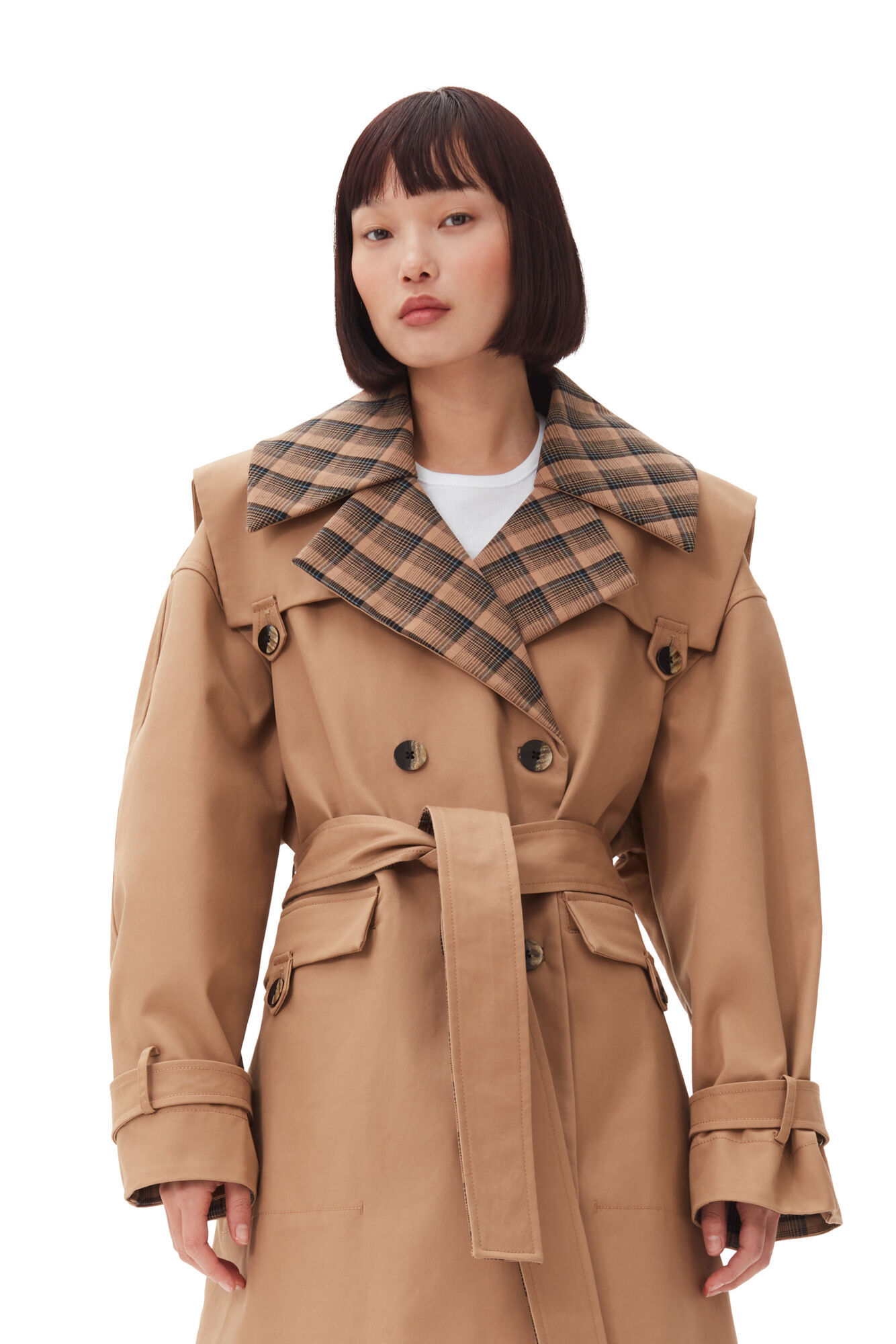 Shop Ganni Brown Bonded Cotton Oversized Trench Coat