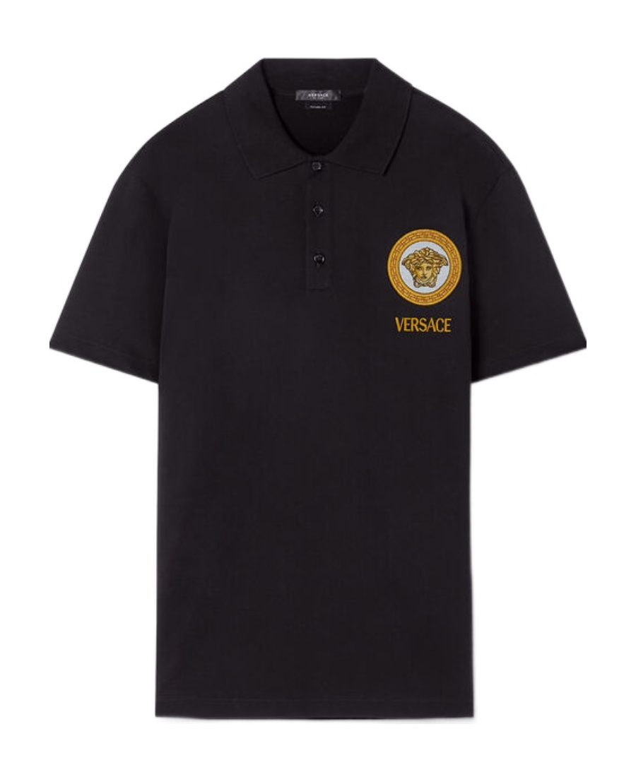 Versace Cotton Polo Shirt With Medusa Patch In Black