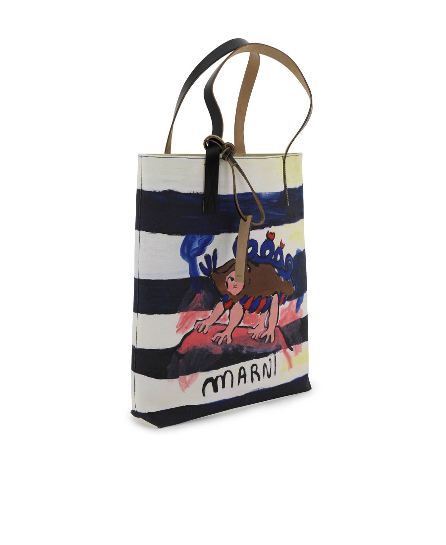 Marni Printed Cotton Tote Bag In Black