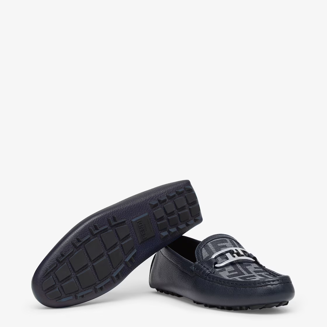 Fendi Blue Ff Jacquard And Blue Leather Driving Shoes In Black