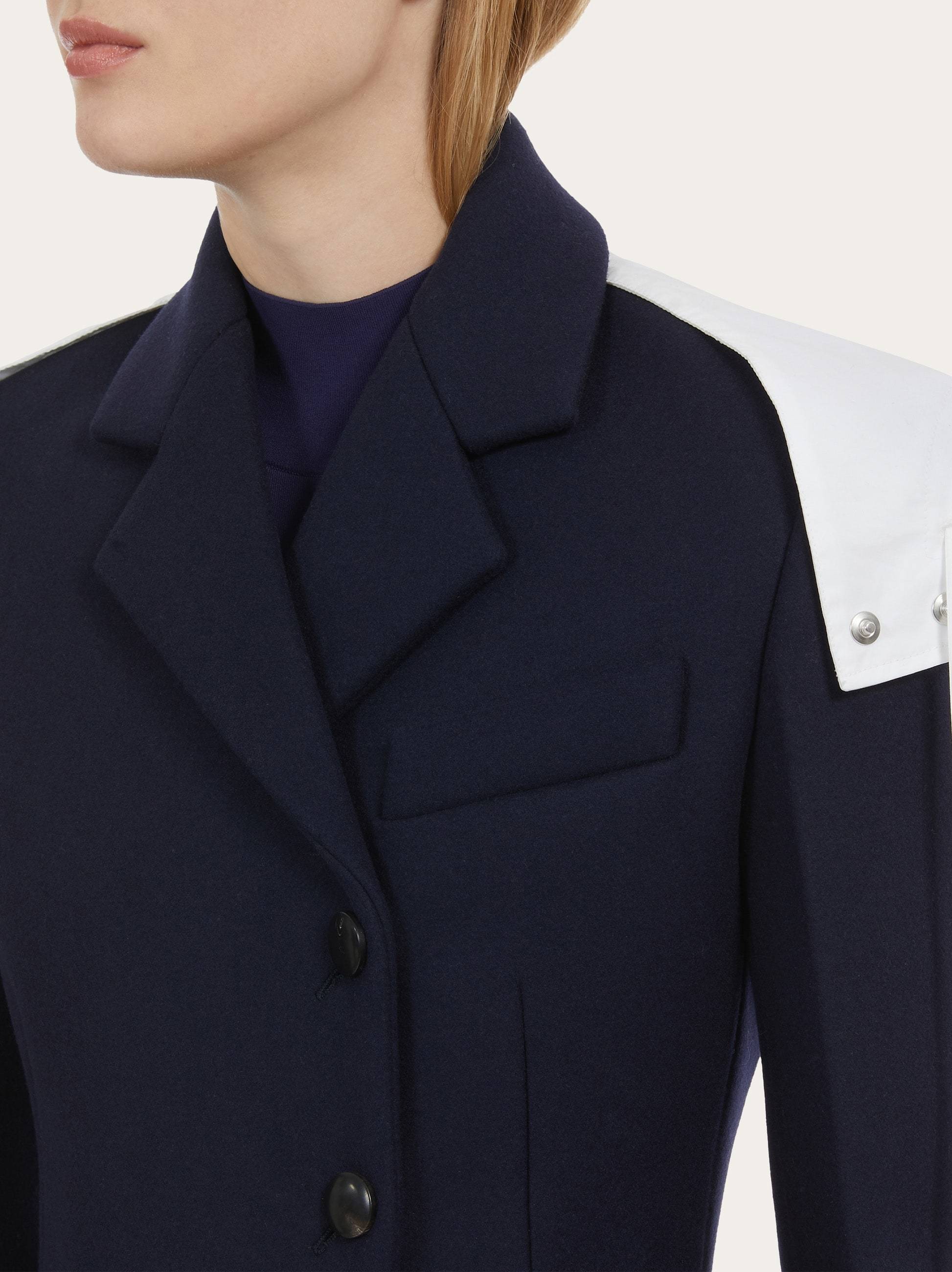 Ferragamo Long Blue Coat With Contrasting Detachable Hood In Wool Woman In Black