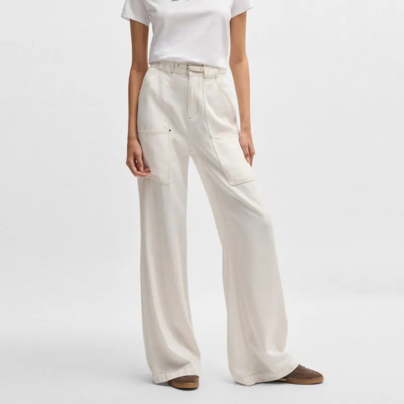 Hugo Boss Wide-leg Trousers With Belt And Pocket Detailing In White