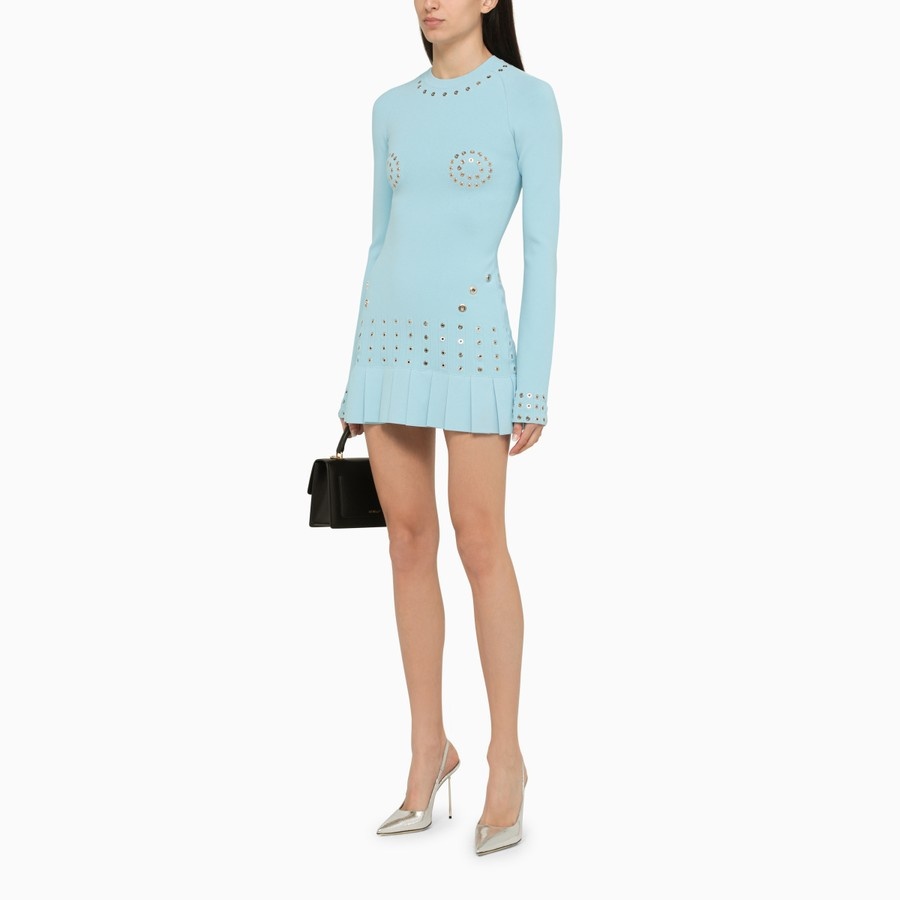 Off-white Pleated Mini Dress With Eyelets Detailing In Blue