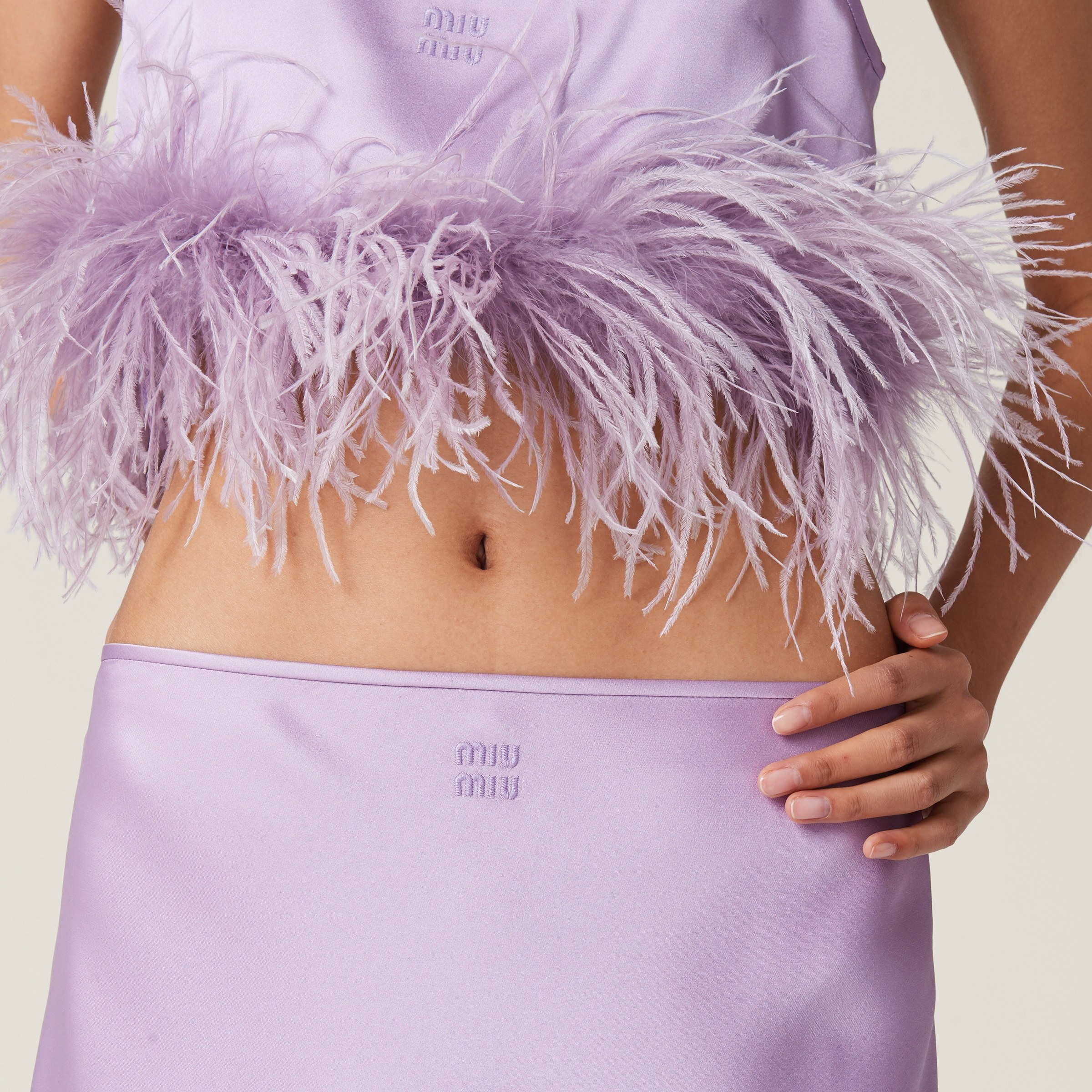 Miu Miu Feather-trimmed Satin Midi Skirt In Purple