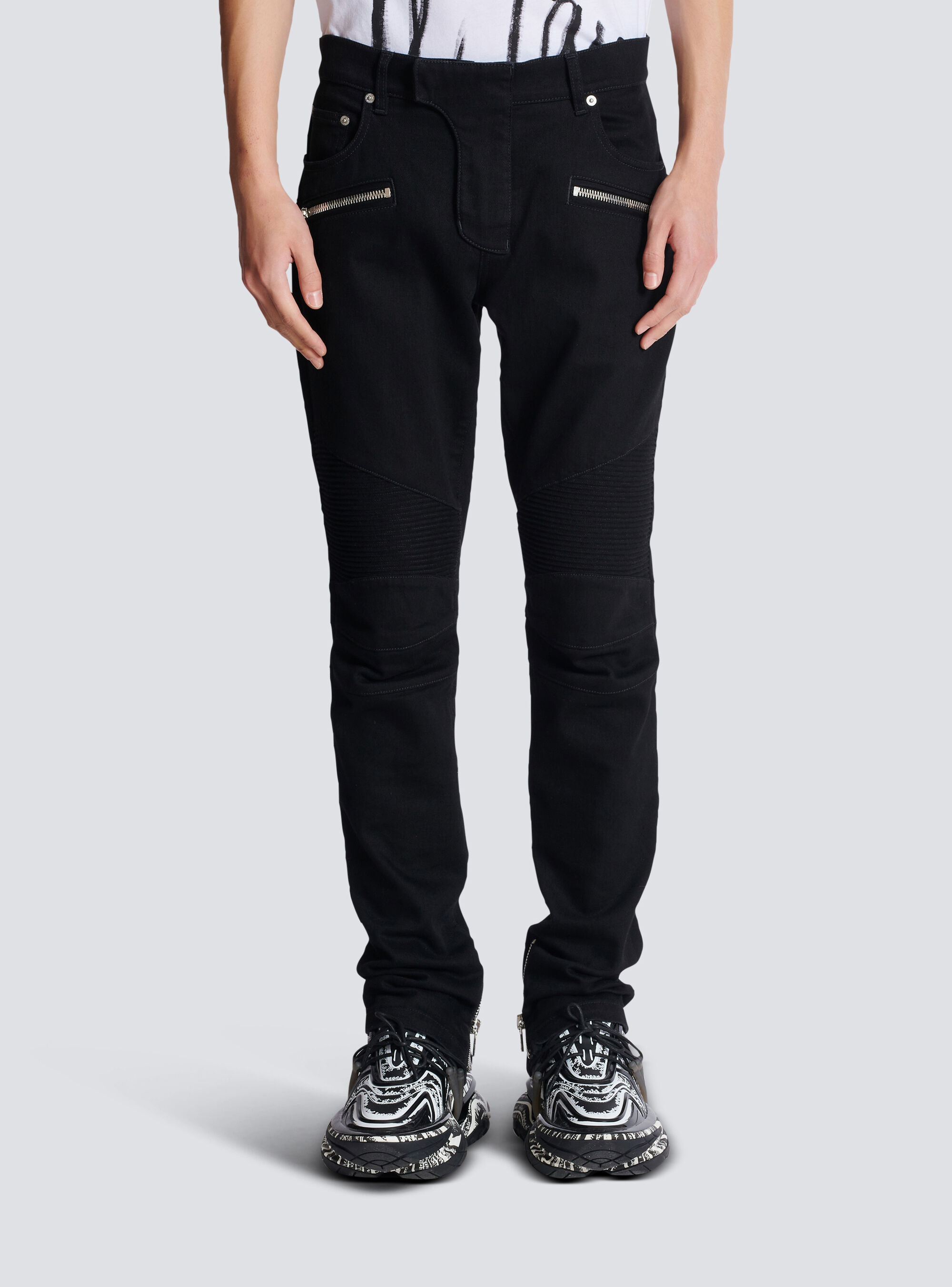 Shop Balmain Slim-fit Biker Jeans In Black Denim