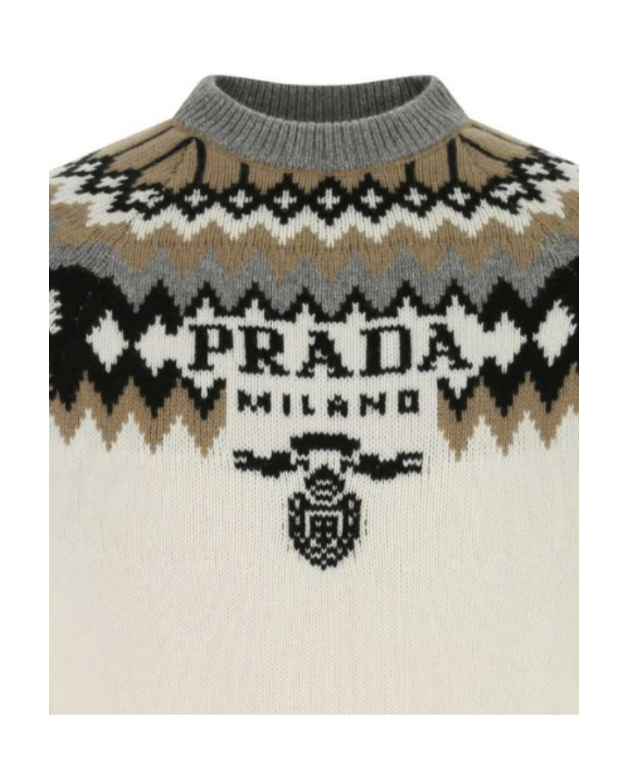 Prada Embroidered Pattern Cashmere Crewneck In Camel Brown