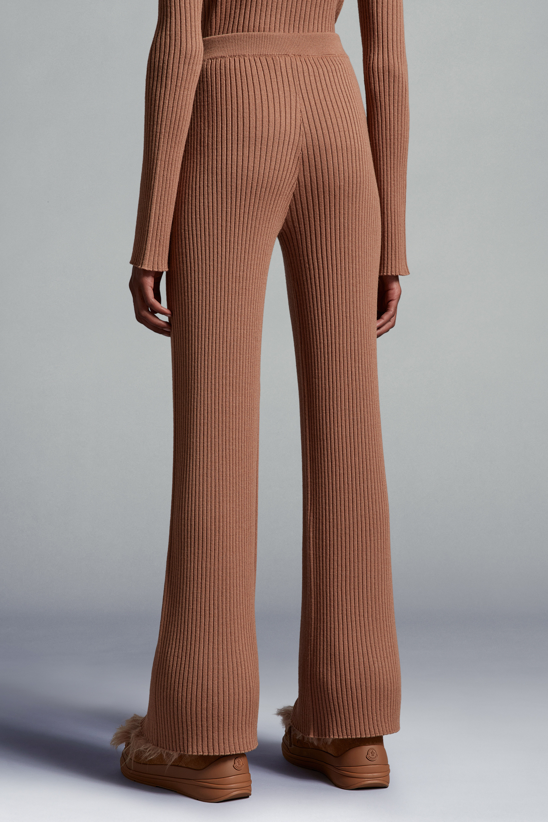Moncler Logo-patch Ribbed-knit Trousers In Brown
