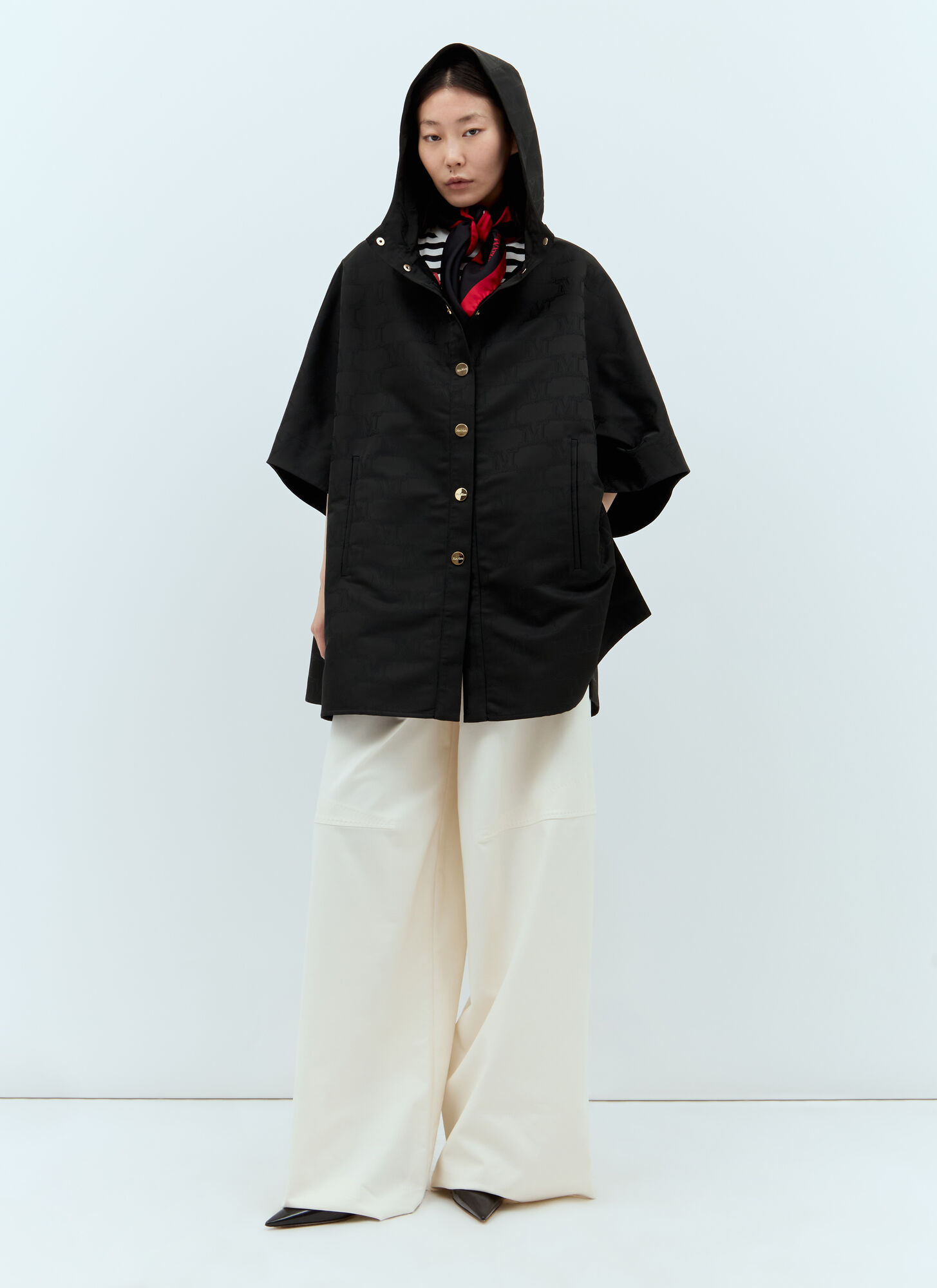Max Mara Hooded Monogram Coat In Black