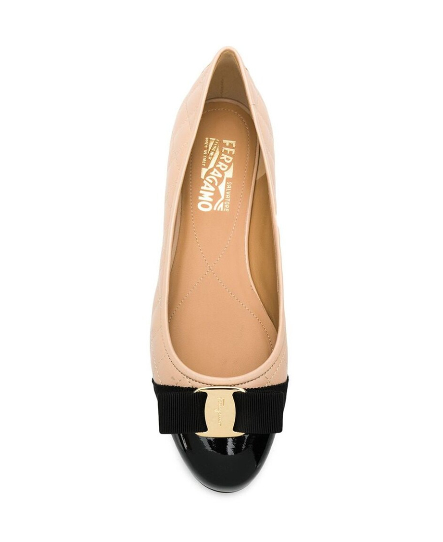 Ferragamo Varina Bow-embellished Quilted Smooth And Patent-leather Ballet Flats In Nude